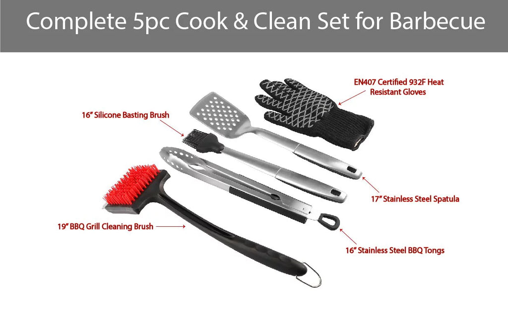 5 Pc BBQ Grill Set with Tongs Spatula Basting Brush Cleaning Brush and Heat Gloves L379344