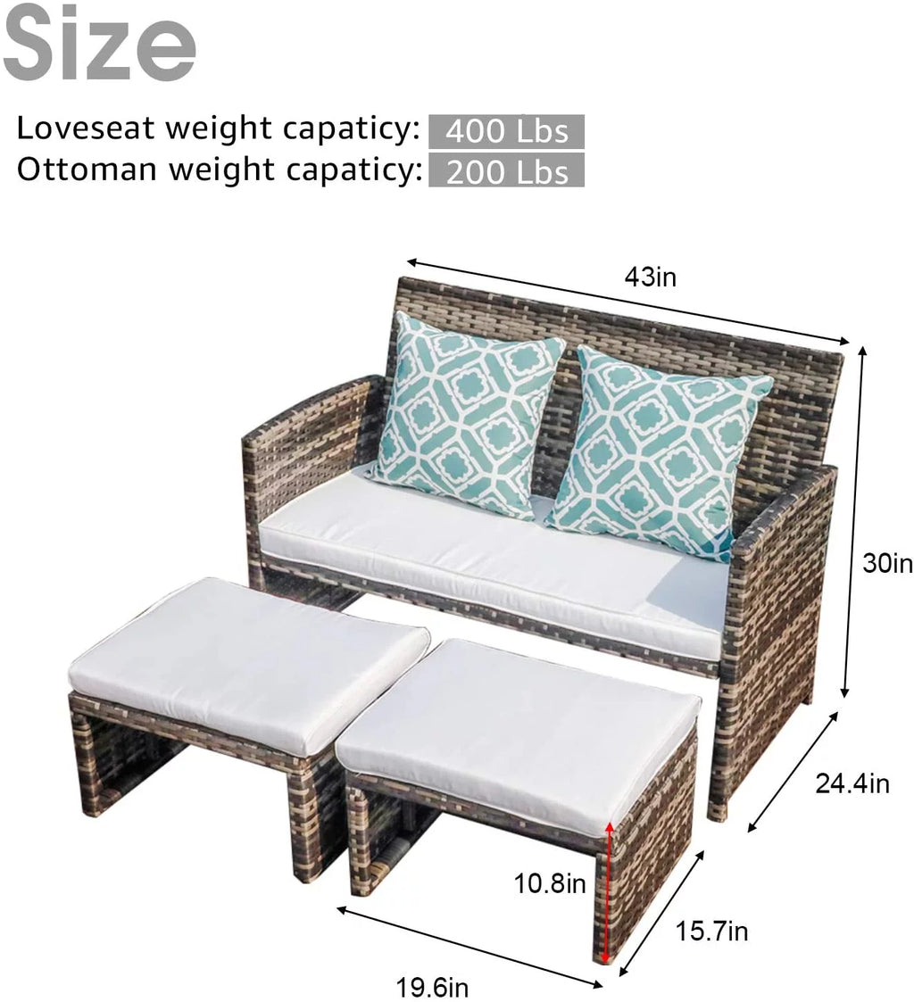 Grey Wicker Rattan Outdoor Loveseat with White Cushions D9345