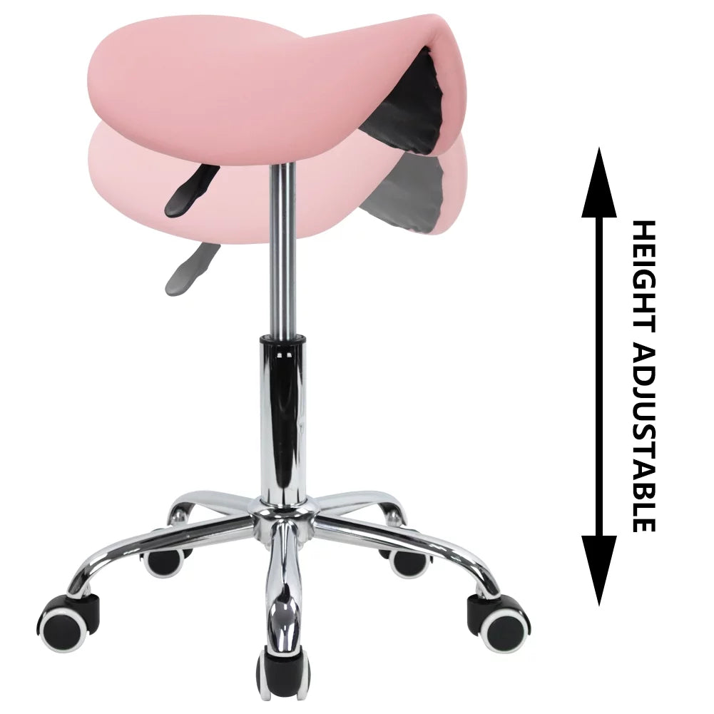 Pink PU Leather Adjustable Rolling Saddle Stool B87932