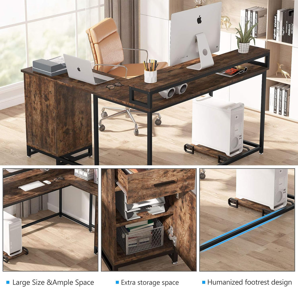 L Shaped Computer Desk with Drawer and Storage Cabinet F942