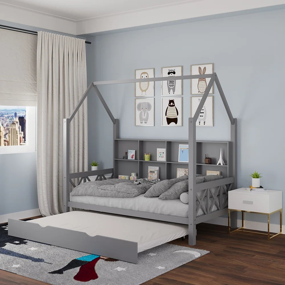 Twin House Bed with Trundle and Storage Shelve P63071