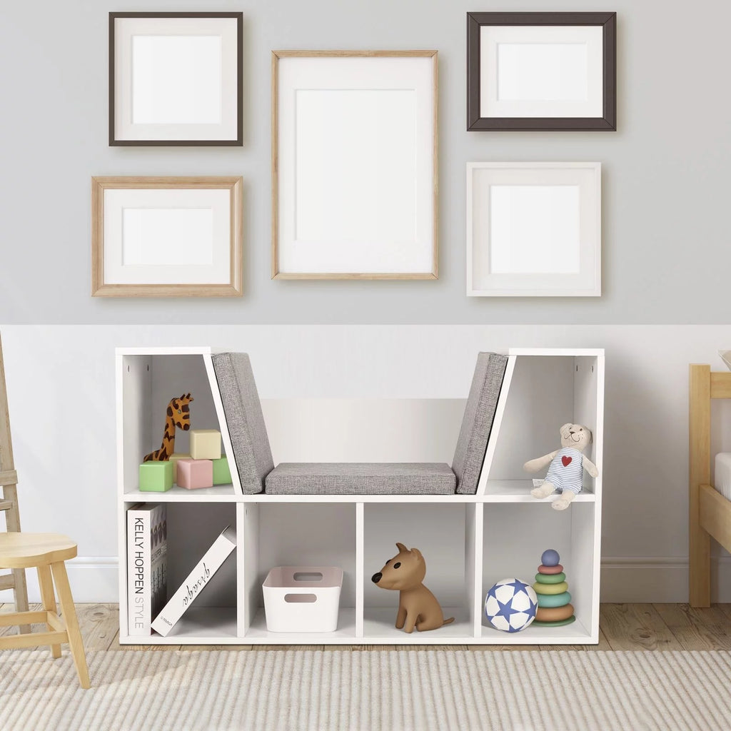 White Kids Storage Cabinet Bookcase with Cushions D6086