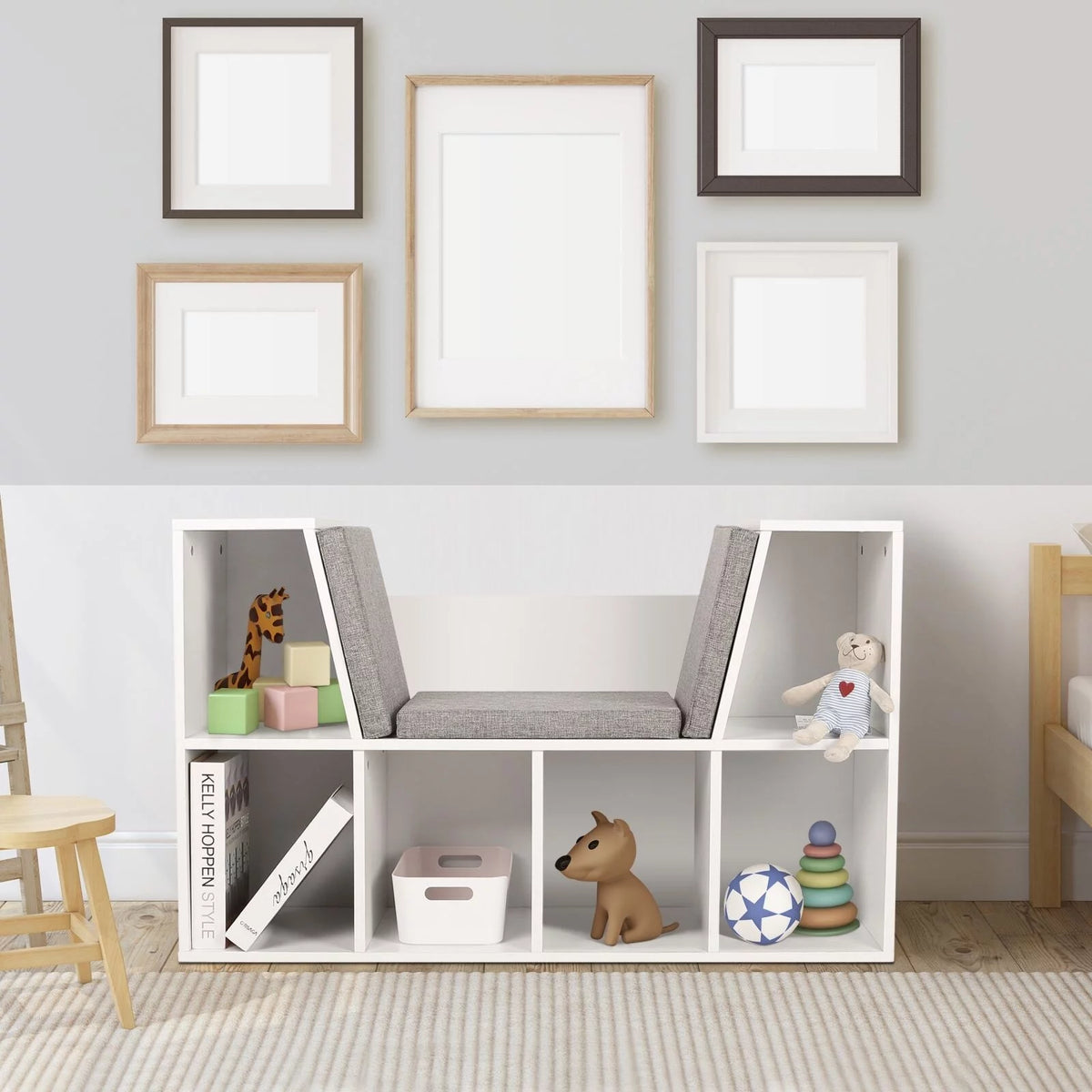 White Kids Storage Cabinet Bookcase with Cushions D6086