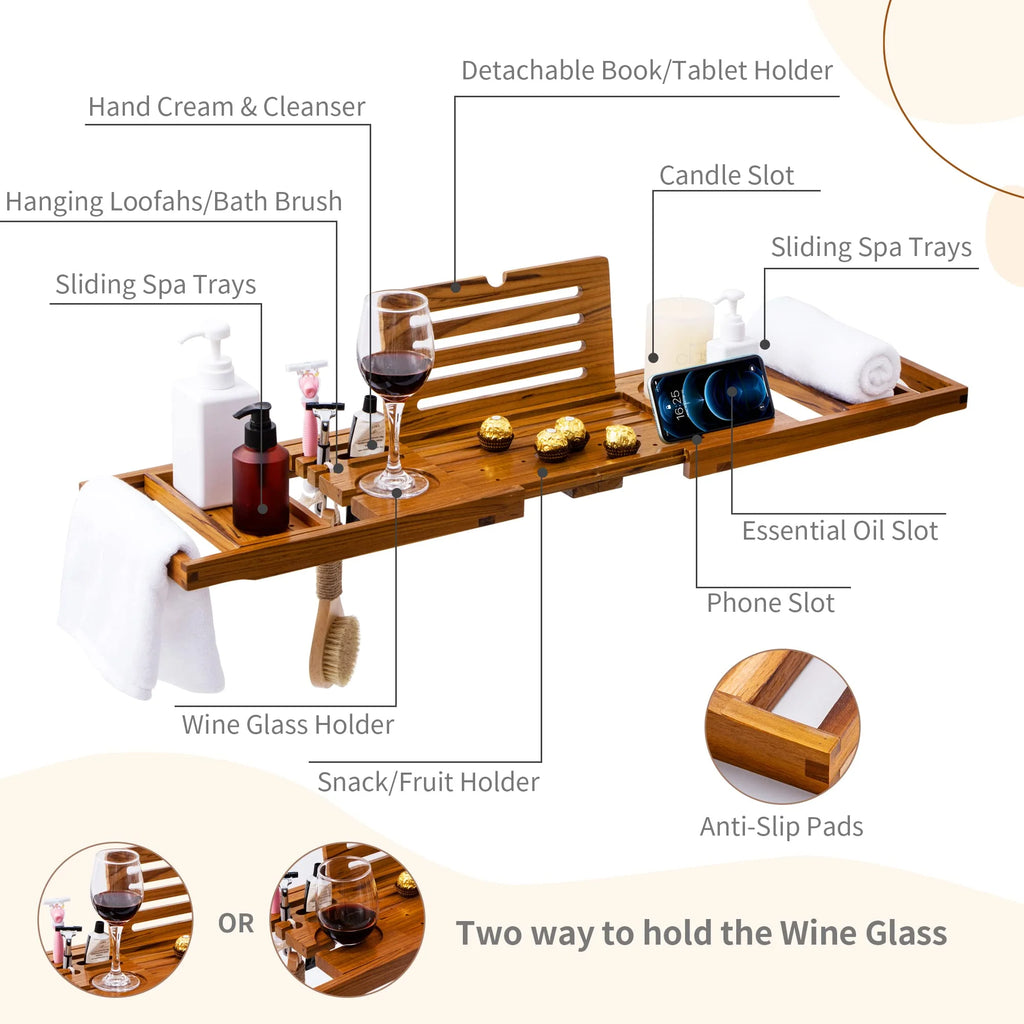 Teak Solid Wood Foldable Bathtub Tray T37470