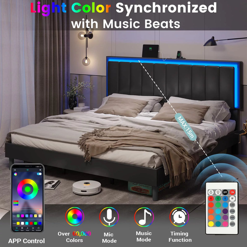 King Leather Upholstered Platform Bed with Charging Station and LED Lights E551