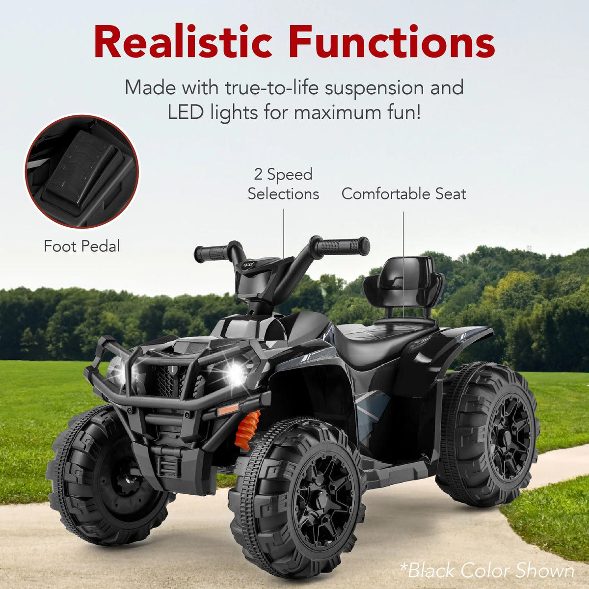 12V Kids Ride-On ATV Quad with LED Lights, Black V6313