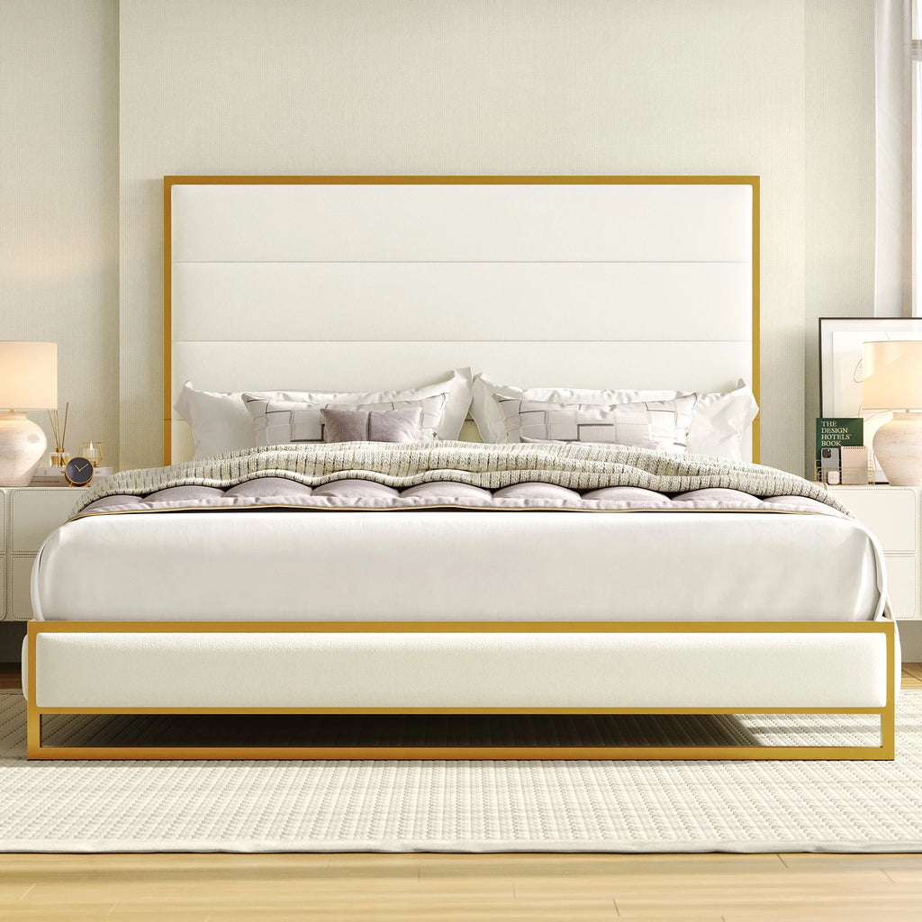 King Size Off-white Velvet Upholstered Platform Bed I451076