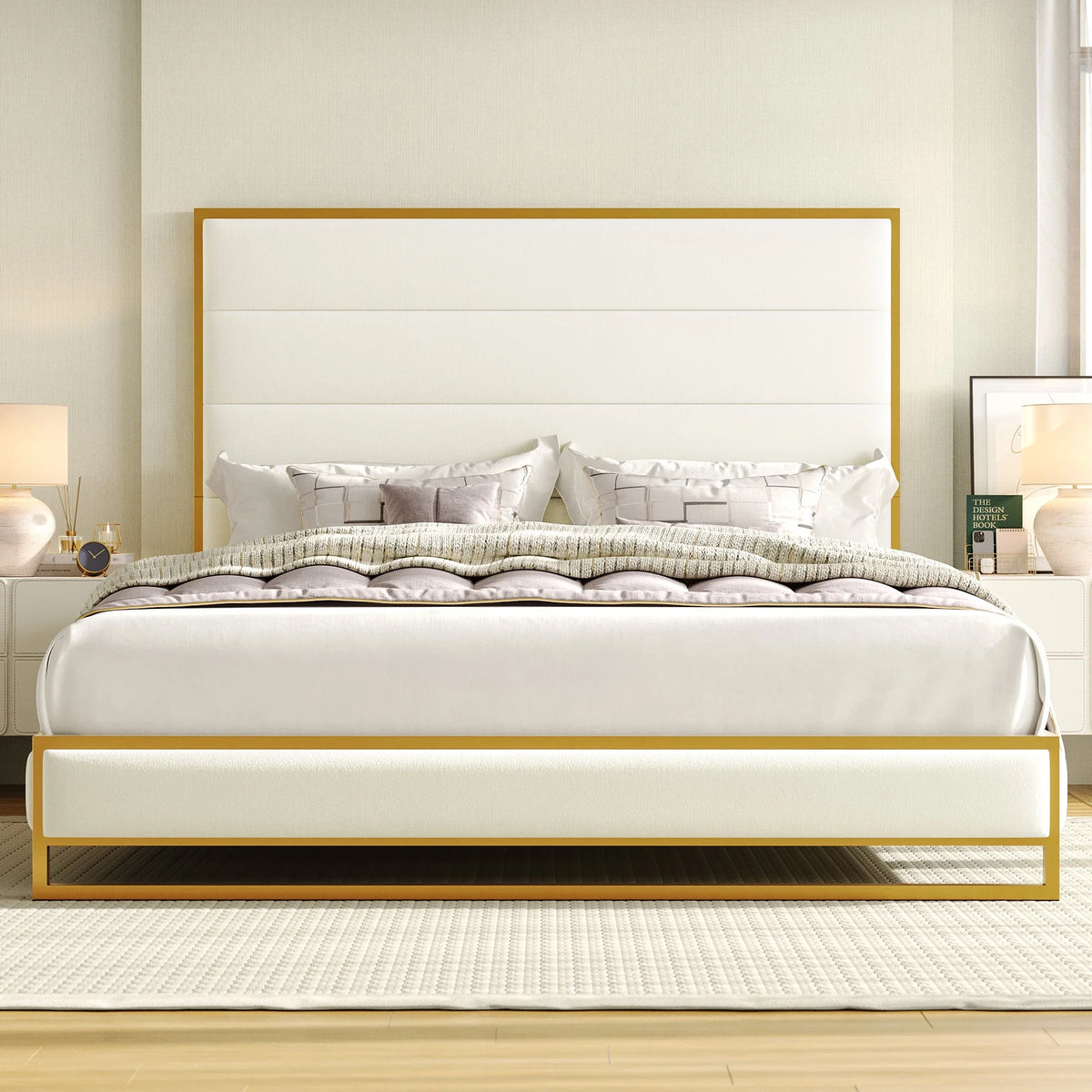King Size Off-white Velvet Upholstered Platform Bed I451076