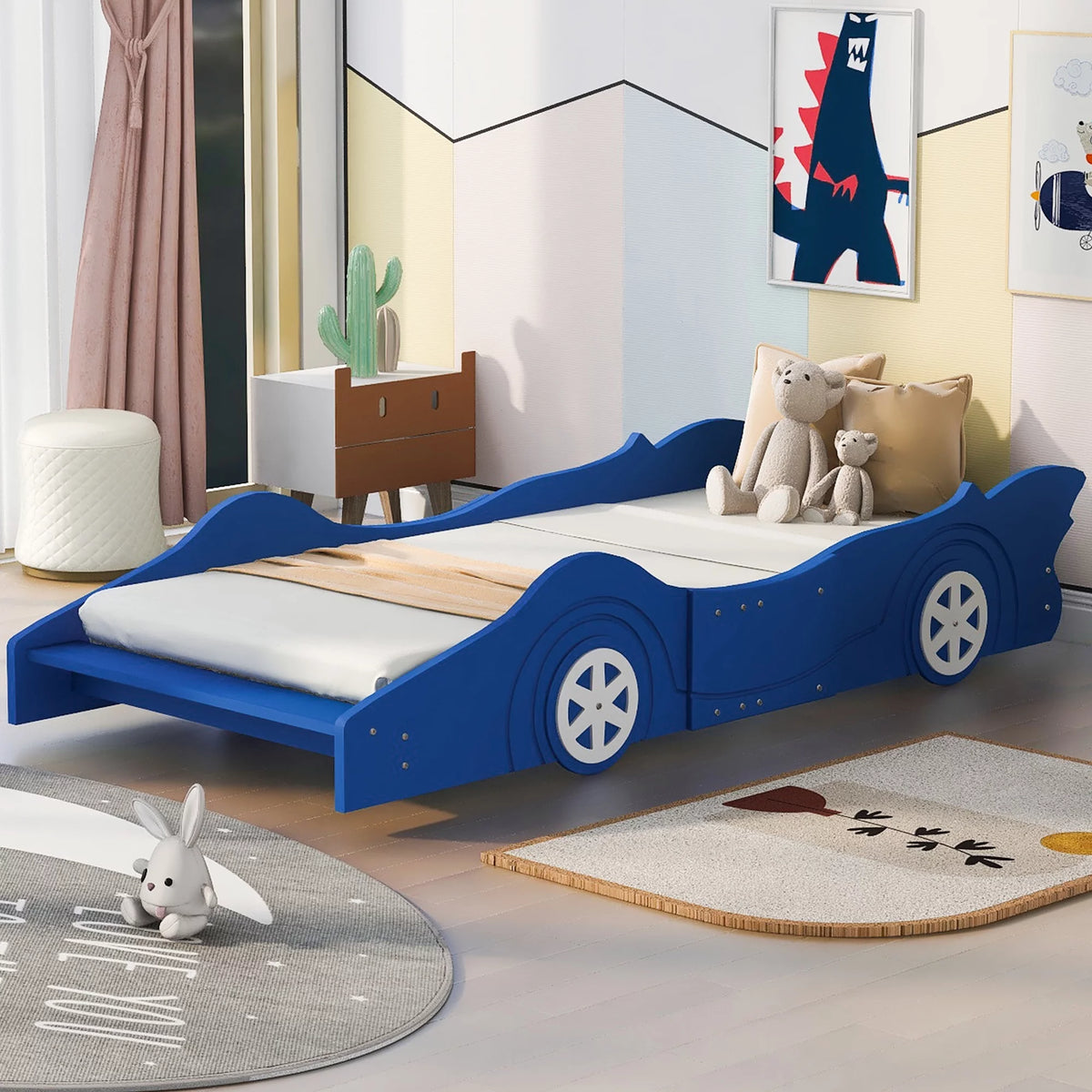 Twin Size Wood Race Car-Shaped Platform Bed with Safety Rails J566013
