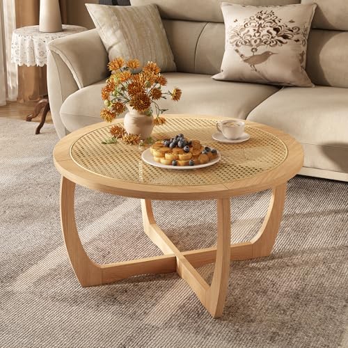Round Wood Glass Rattan Coffee Table C58588