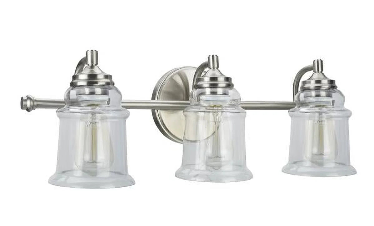 Three-Light Brushed Nickel Bathroom Vanity Wall Light Fixture with Clear Glass Shade L96035