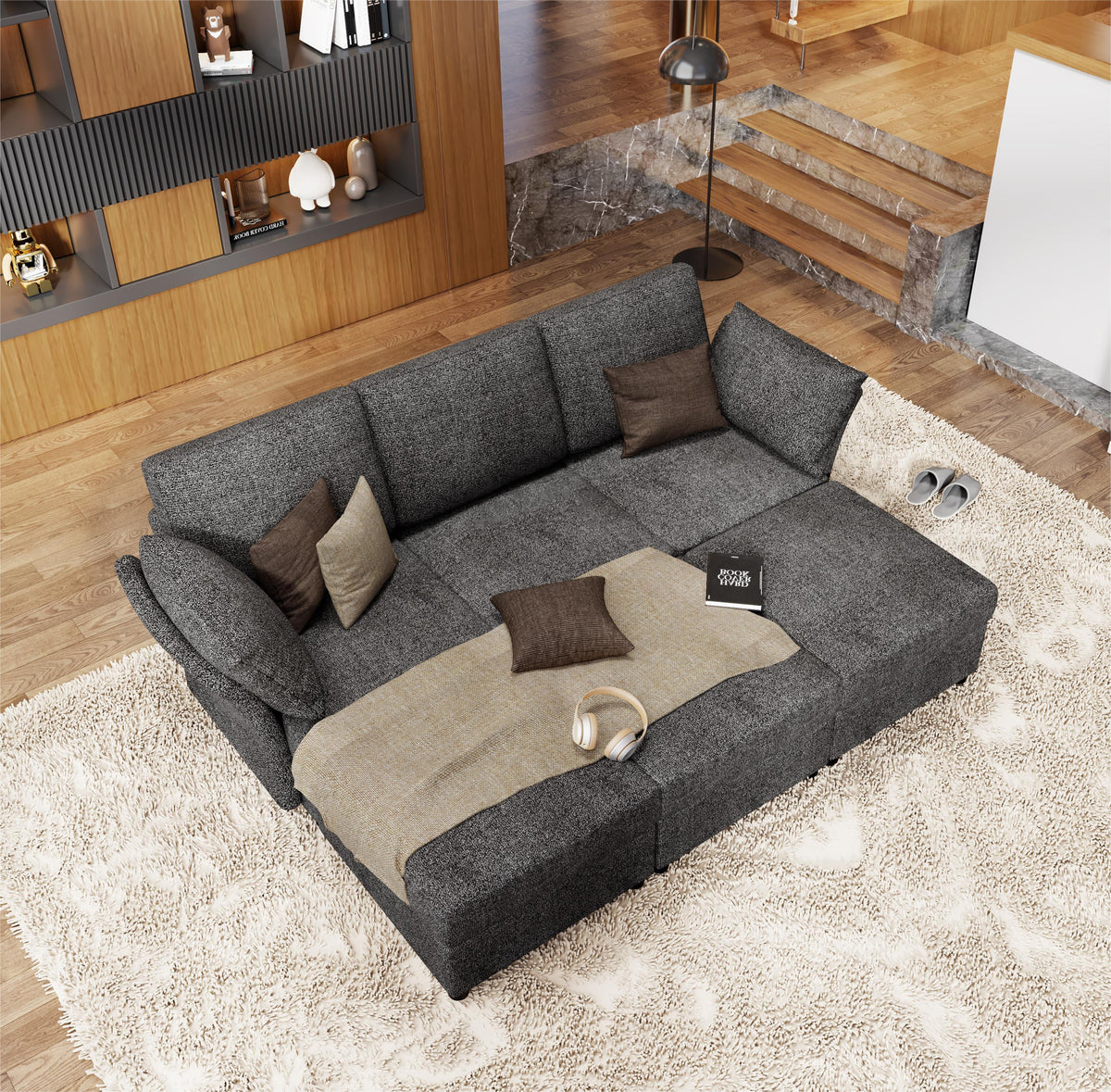 Dark Grey 9 Seat Modular Sectional Sofa with Ottomans U5372
