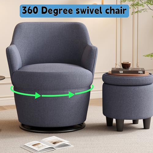 Beige Cotton Linen Upholstered Swivel Chair with Storage Ottoman Q317