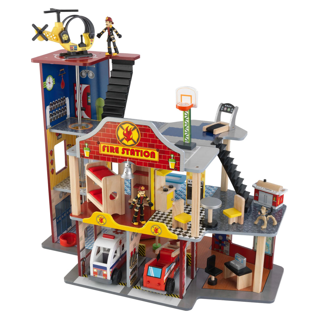 Wood Rescue Play Set with Ambulance, Fire Truck, Helicopter & 27 Pieces V873