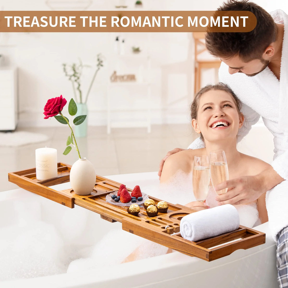 Teak Solid Wood Foldable Bathtub Tray T37470