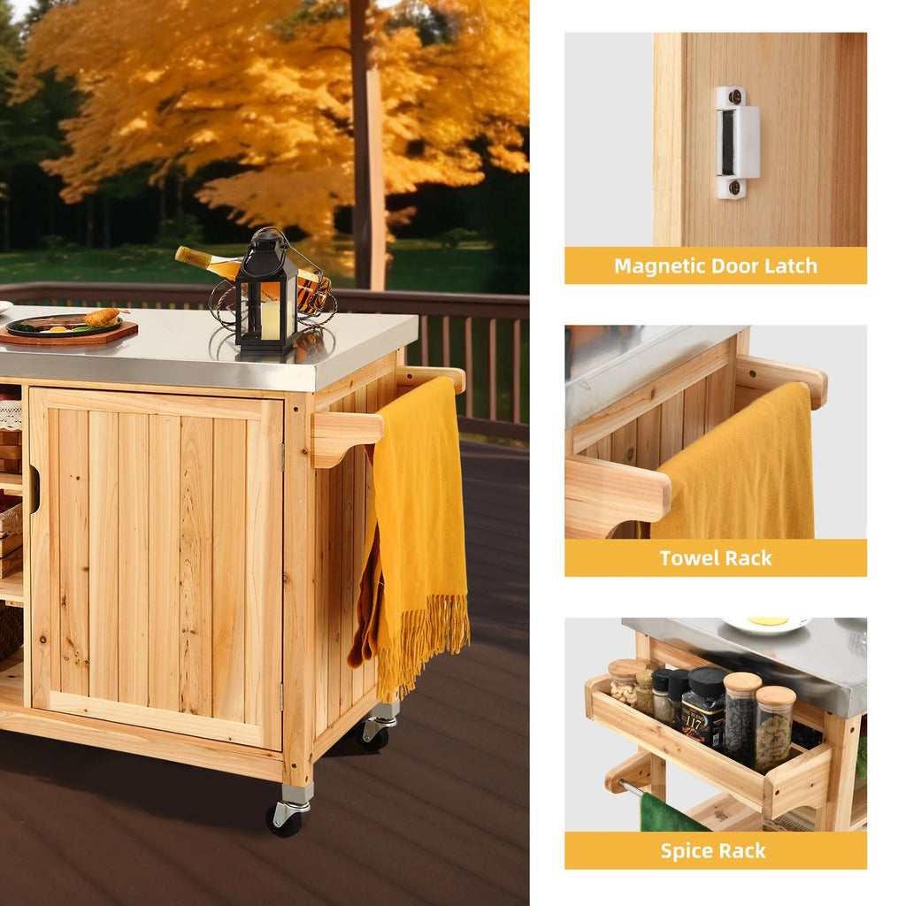 Solid Wood Outdoor Table and Storage Cabinet with Stainless Steel Top T880