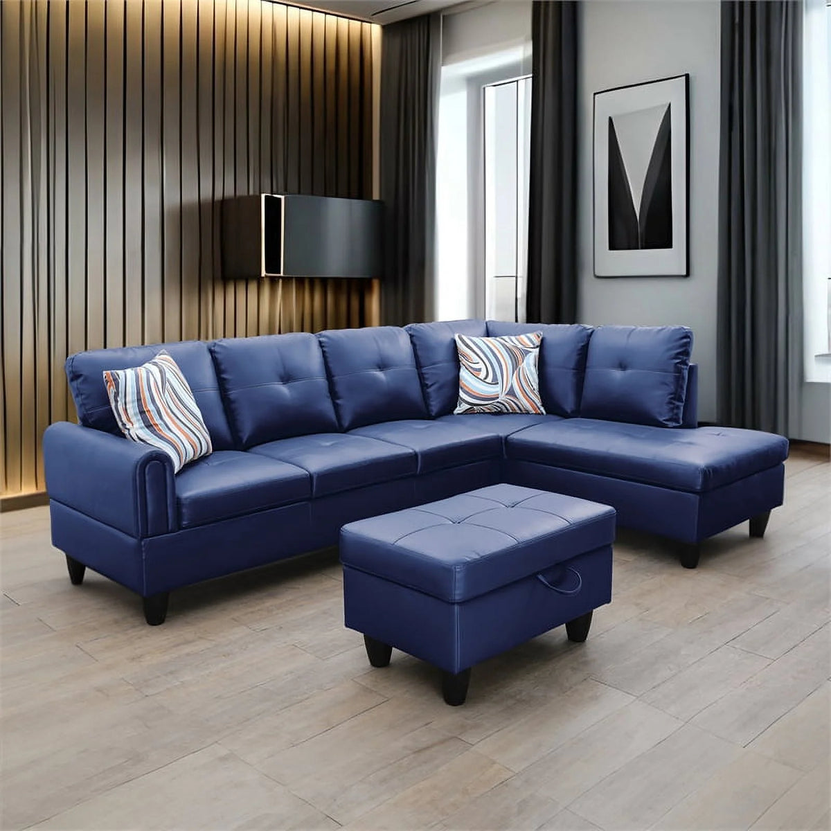 Navy Blue Faux Leather Sectional S550