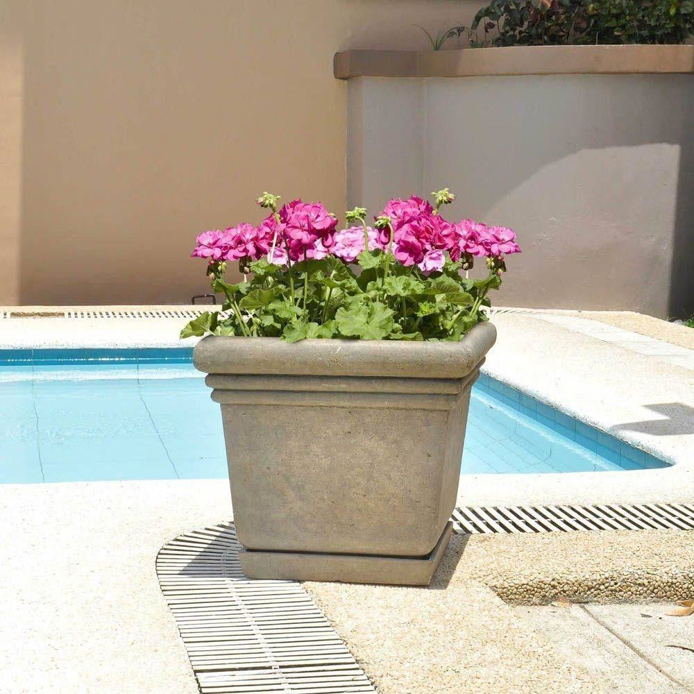 18-1/2 in. Square Cast Stone Planter with Attached Saucer V4325