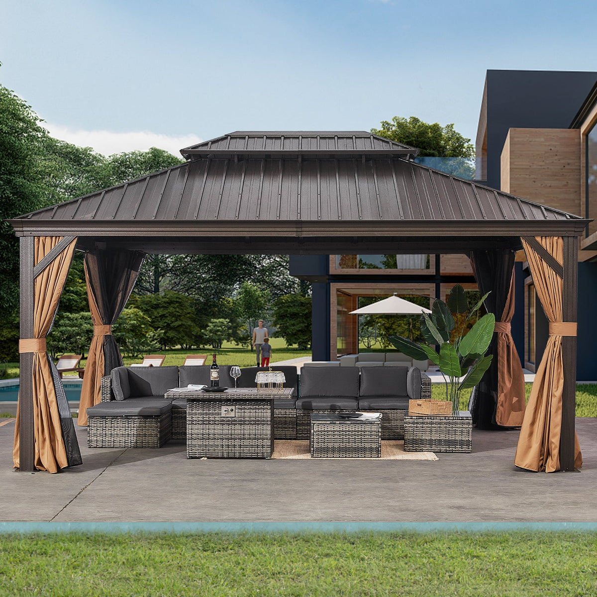 10'x12' Hardtop Steel Aluminum Gazebo with Curtains and Netting W378714