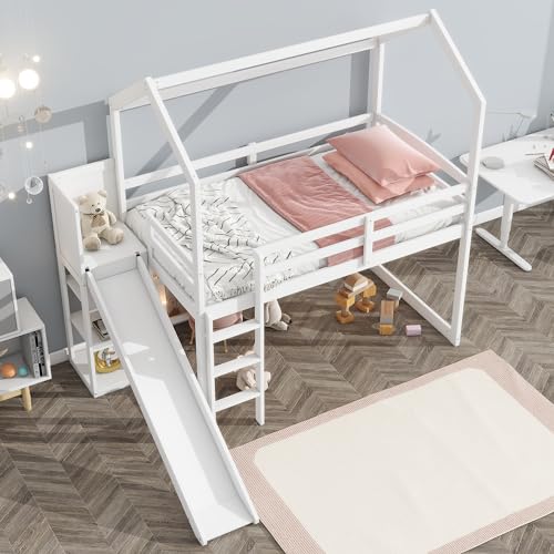 White Twin Size Wood House Loft Bed with Slide and Storage Shelves U78049