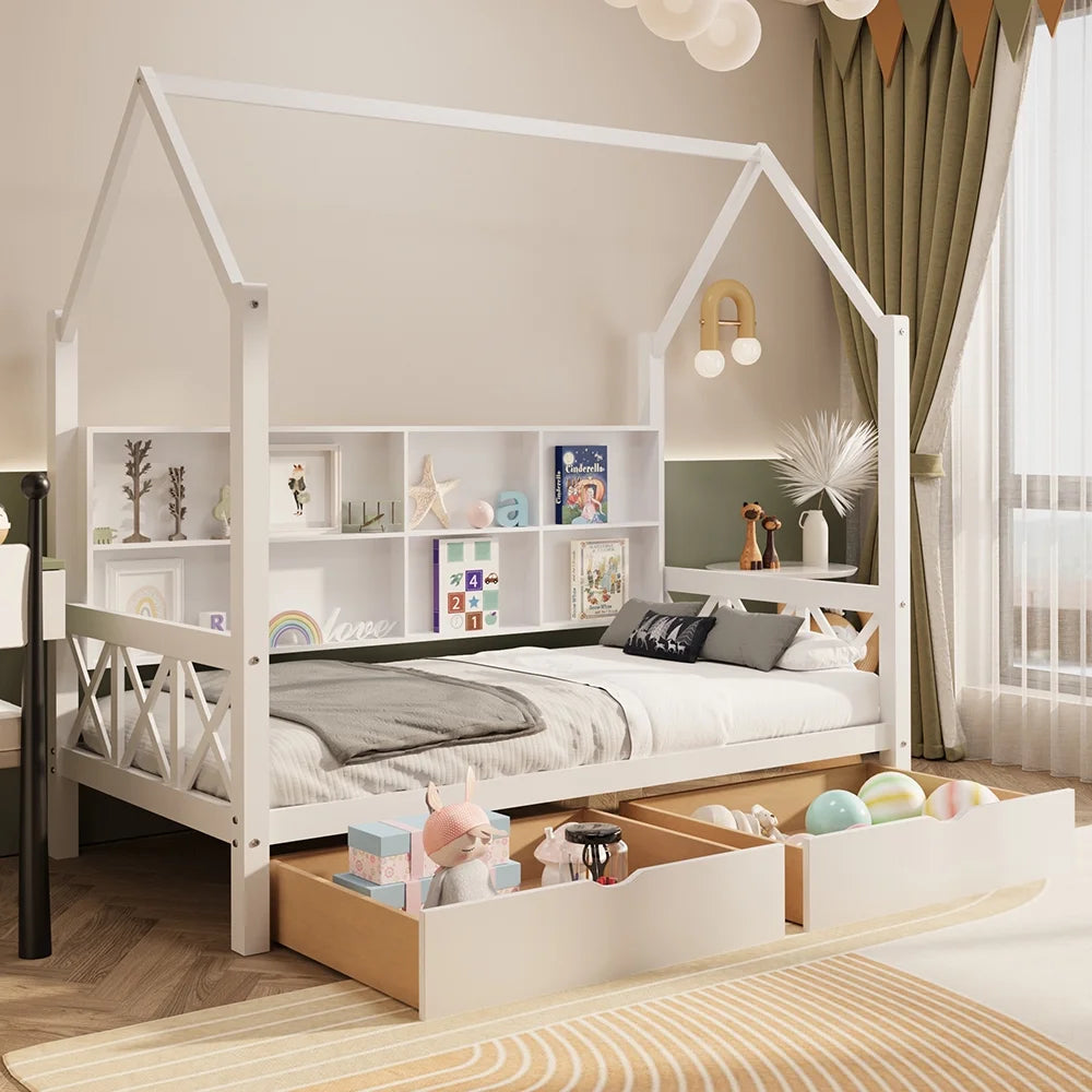 Twin House Bed with Trundle and Storage Shelve P63071