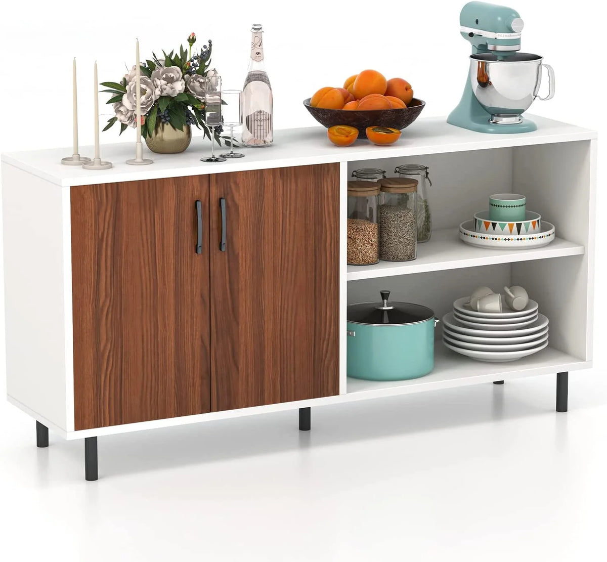 White Walnut 2 Door Buffet Sideboard with Open Shelves V45516
