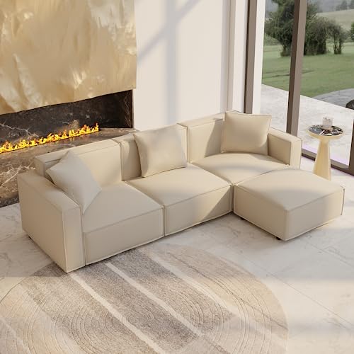 Cream L-Shape Sectional Sofa with Ottoman and Chaise V7823