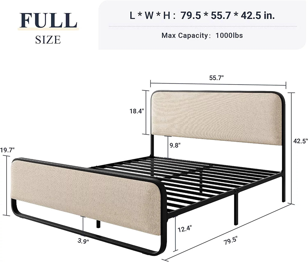 Queen Size Beige Metal Platform Bed Frame with Upholstered Headboard and Footboard B75479