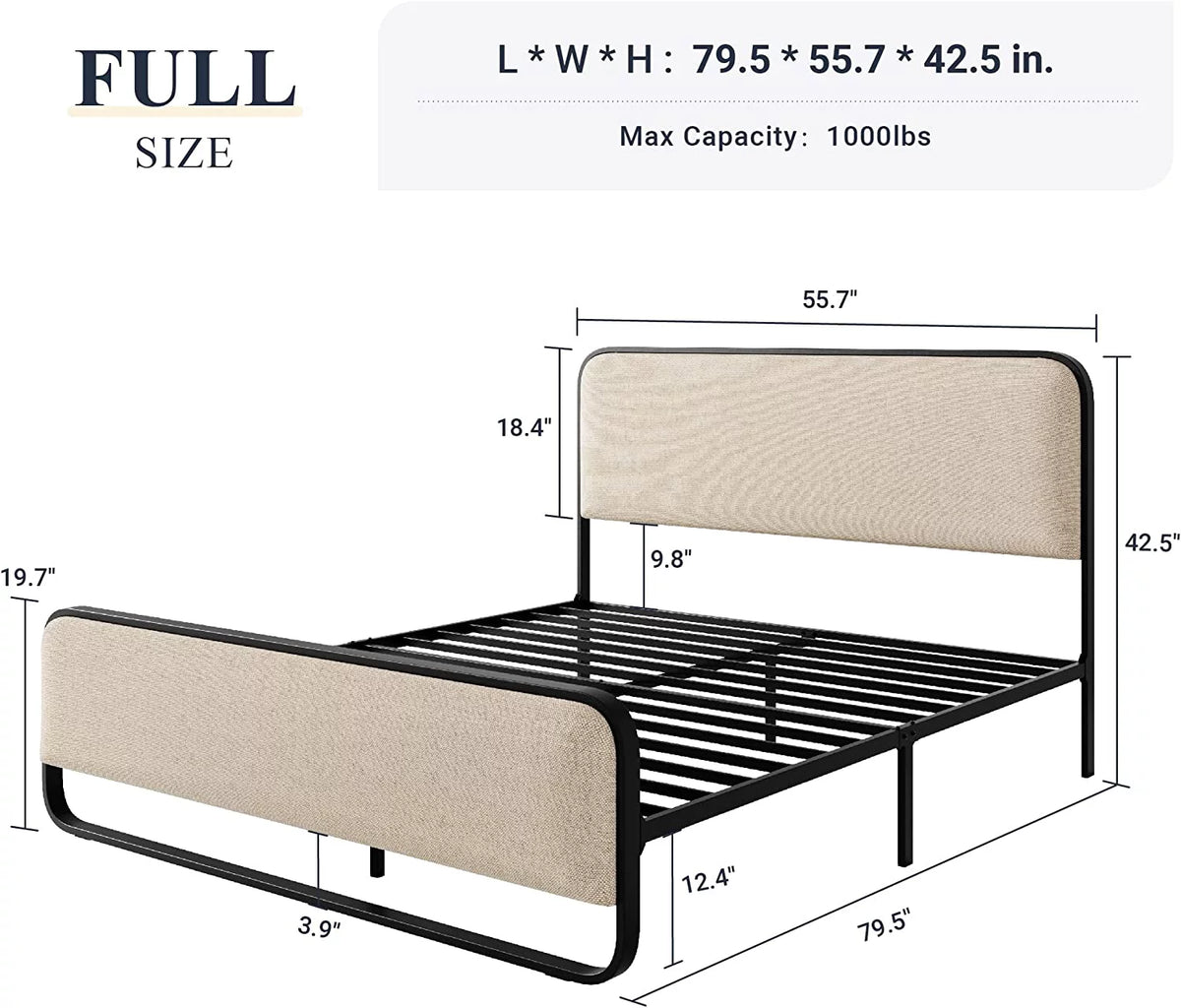 Queen Size Beige Metal Platform Bed Frame with Upholstered Headboard and Footboard B75479
