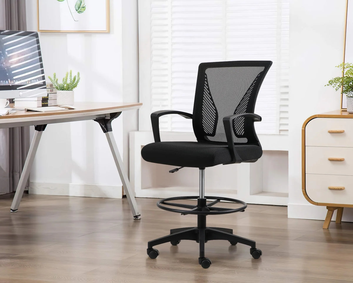 Adjustable Height Drafting Chair with Armrest and Foot Ring, Black Q400602