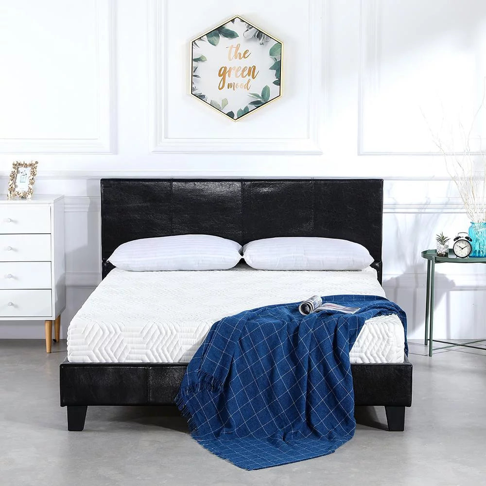 Black Faux Leather Upholstered Twin Size Platform Bed Frame with Headboard F365612