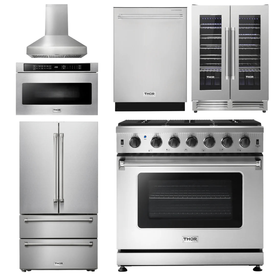 36 Gas Range, Range Hood, Microwave, Refrigerator, Dishwasher, Wine Cooler S36031
