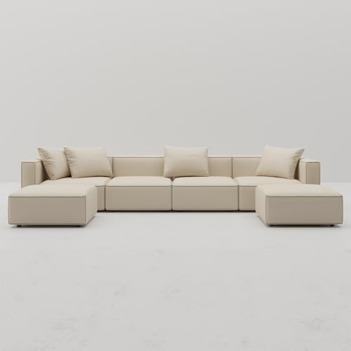 Cream L-Shape Sectional Sofa with Ottoman and Chaise V7823