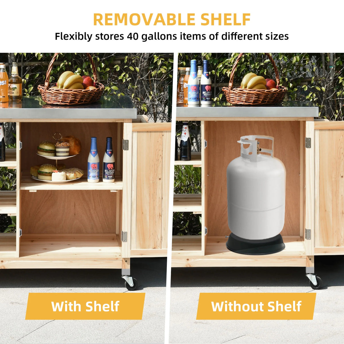 Solid Wood Outdoor Table and Storage Cabinet with Stainless Steel Top T880