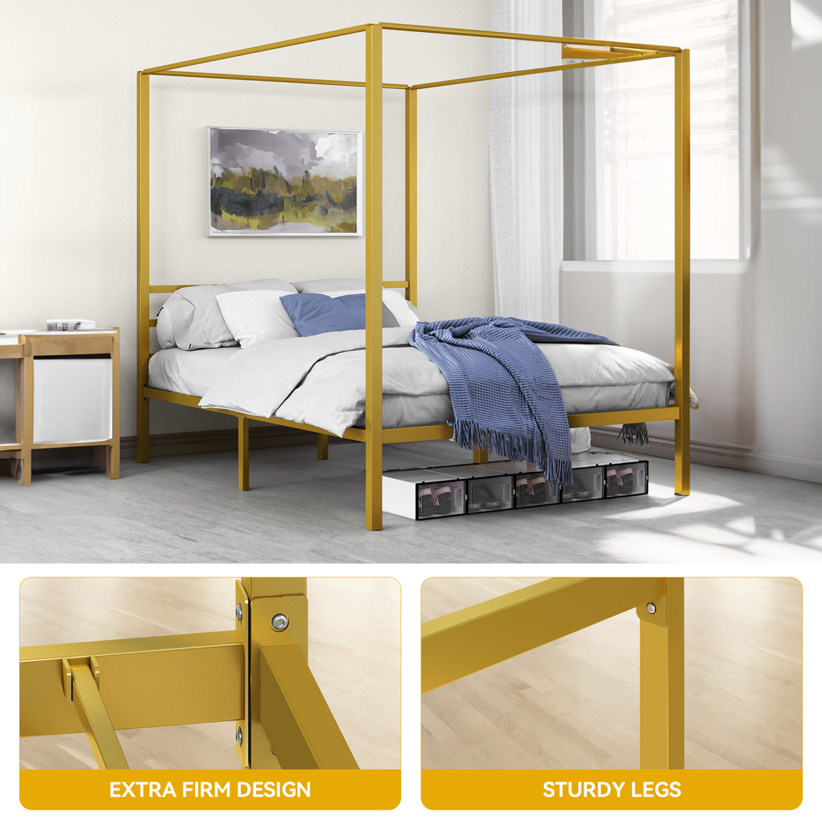 Queen Size Gold Metal Canopy Bed Frame V839