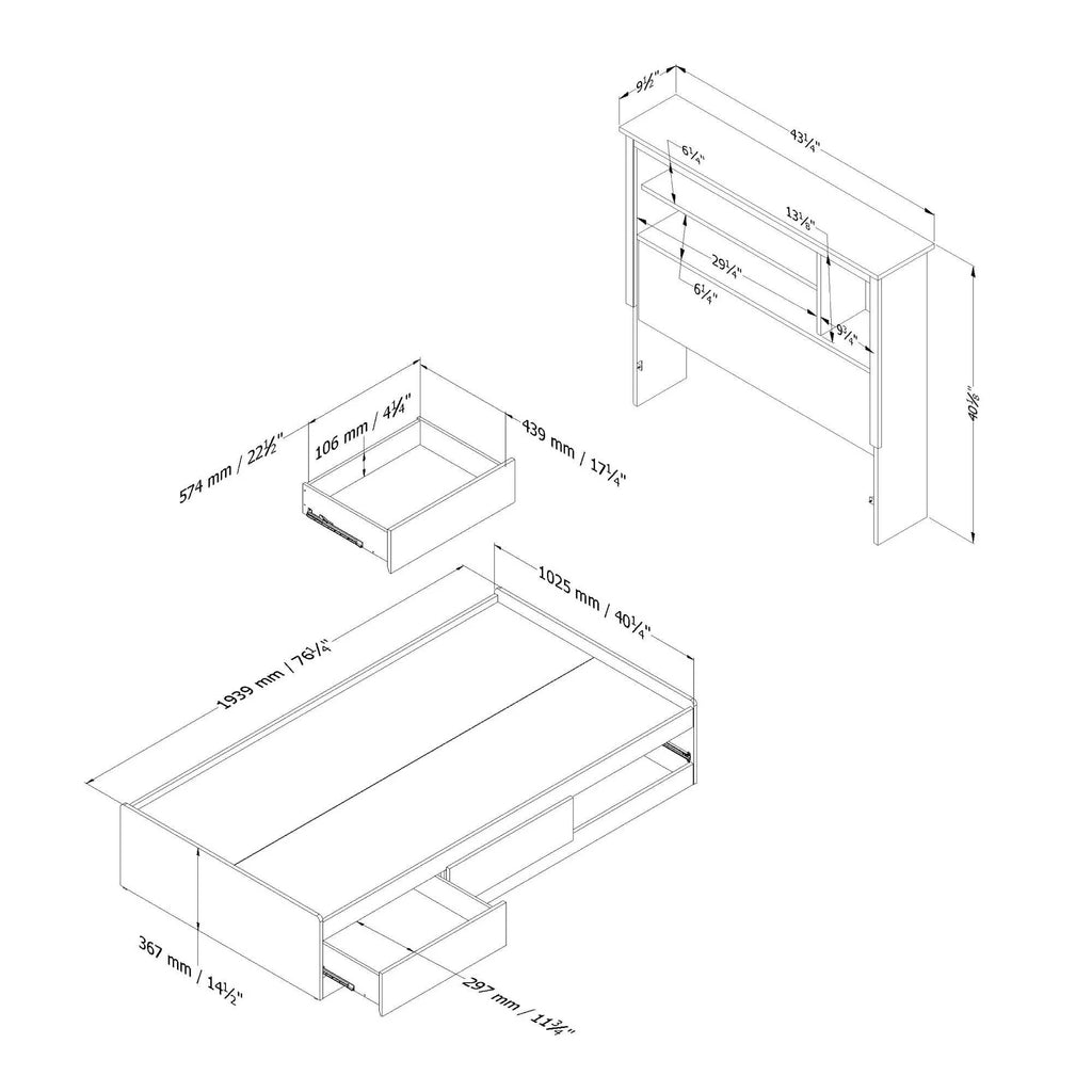Twin Pure White Bed with Bookcase Headboard T6331