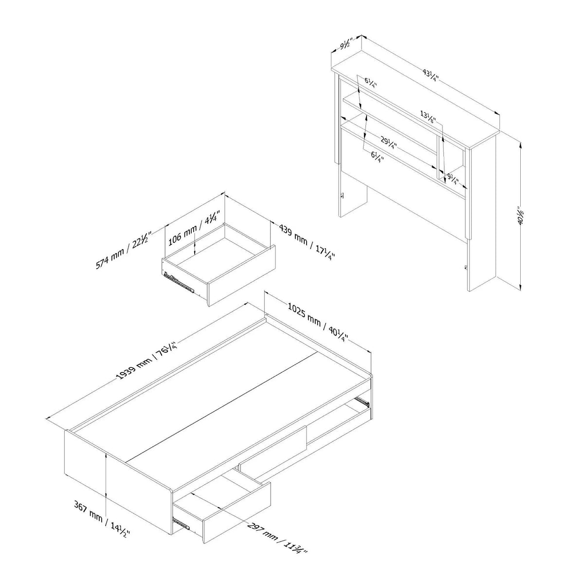 Twin Pure White Bed with Bookcase Headboard T6331