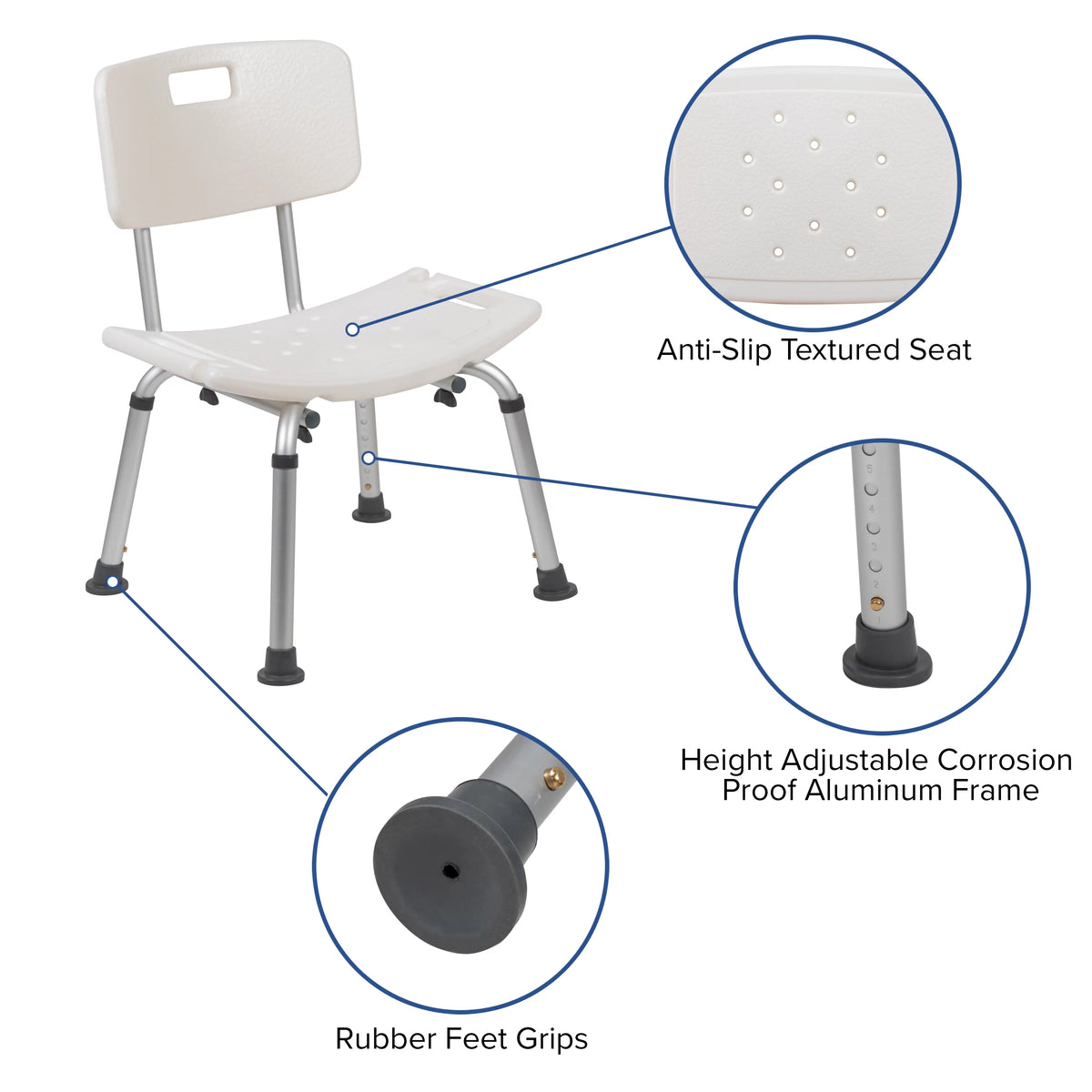 White Adjustable Bath & Shower Chair with Back W4587