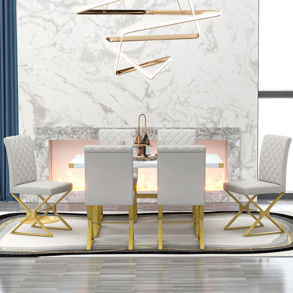 7-Piece Marble Texture Dining Table Set with 6 PU Leather Chairs M9002
