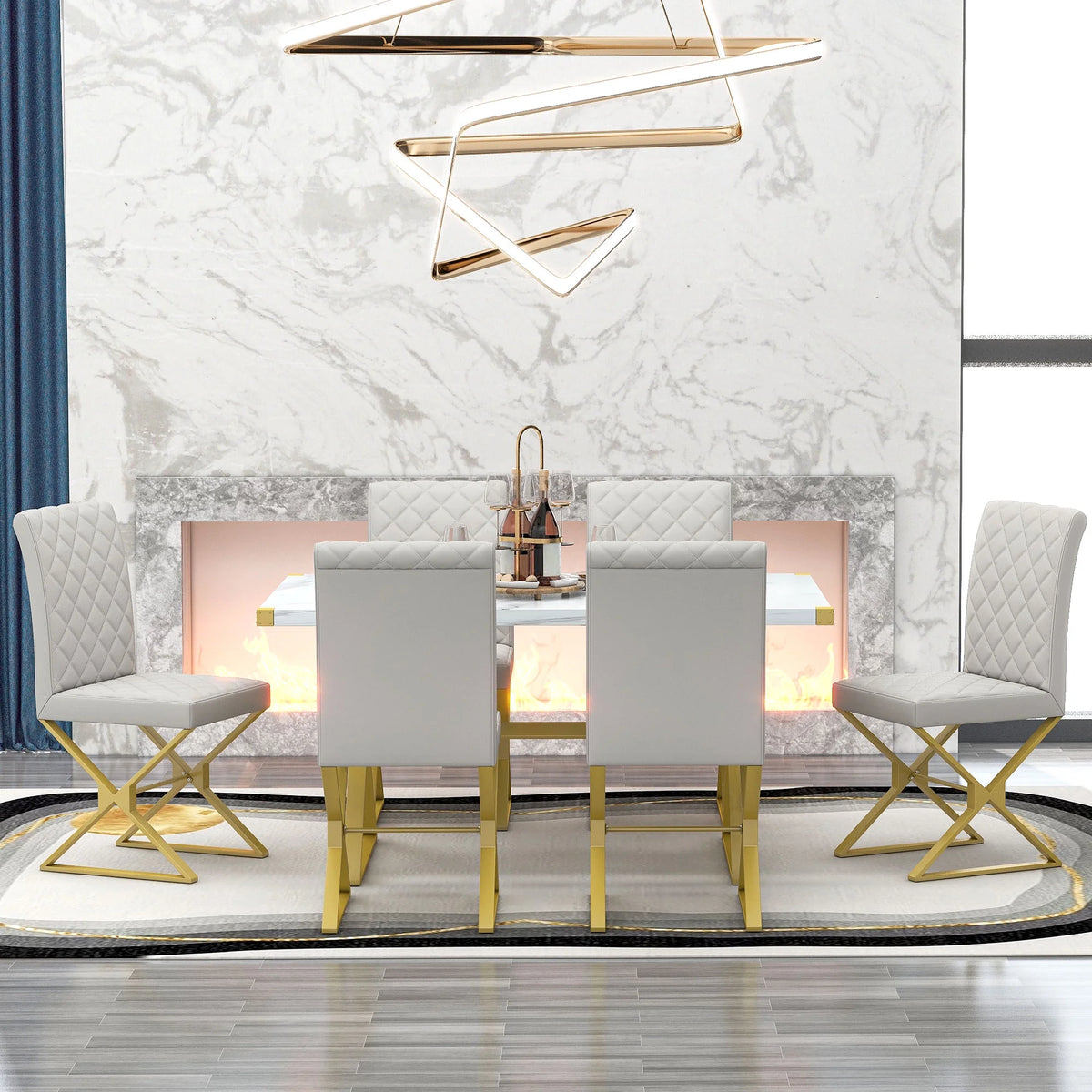 7-Piece Marble Texture Dining Table Set with 6 PU Leather Chairs M9002