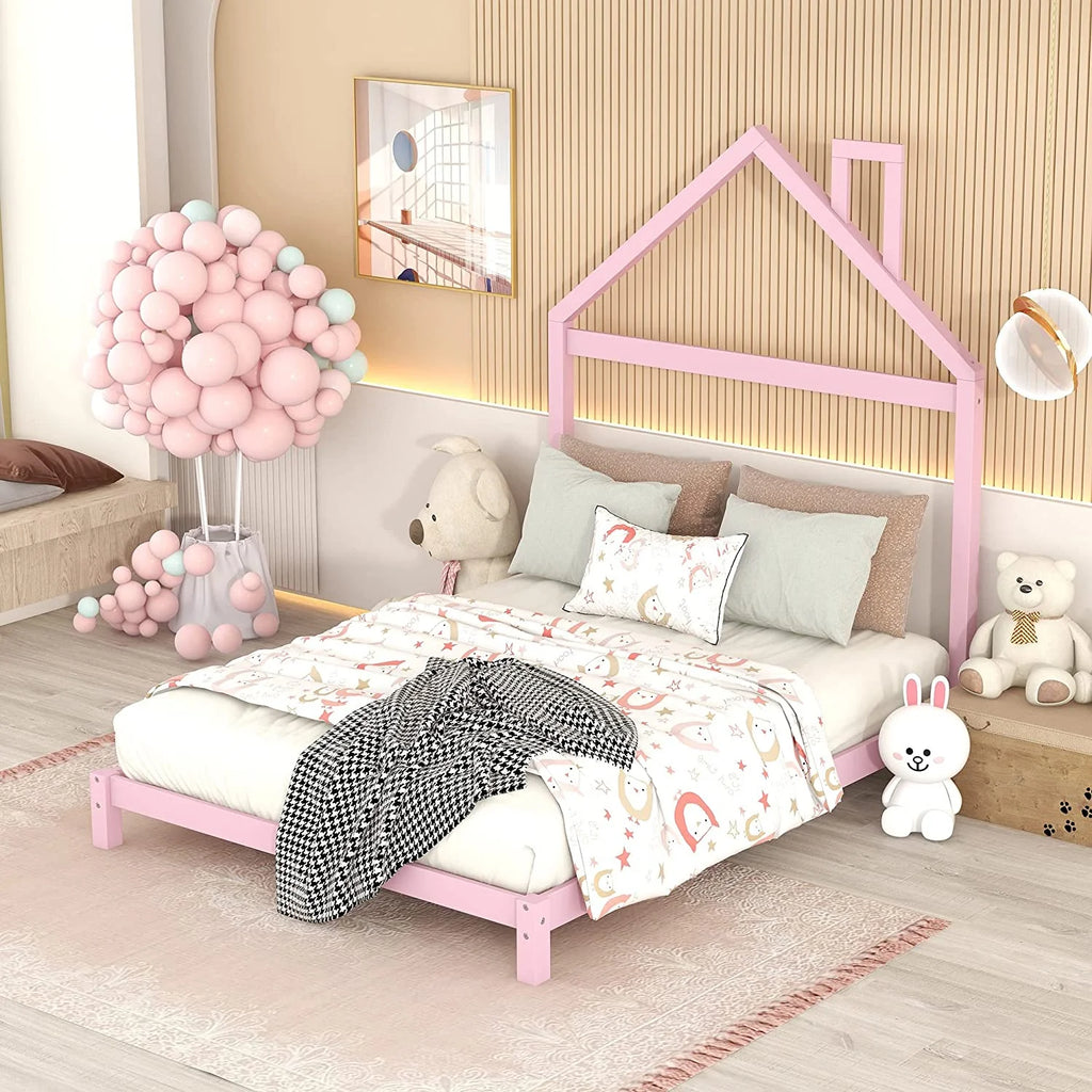 Full Size Wood Platform Bed Frame with House Shape Headboard Q404282