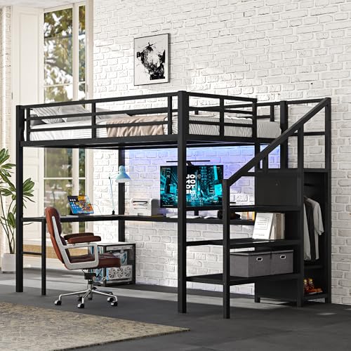 Full Size Metal Loft Bed with L-shaped Desk and Wardrobe D3559