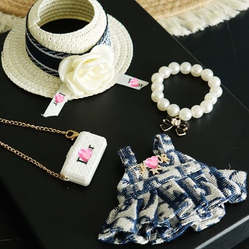 17cm Doll Clothes Set with Hat Pearl Necklace Bag Accessories Blue N64899