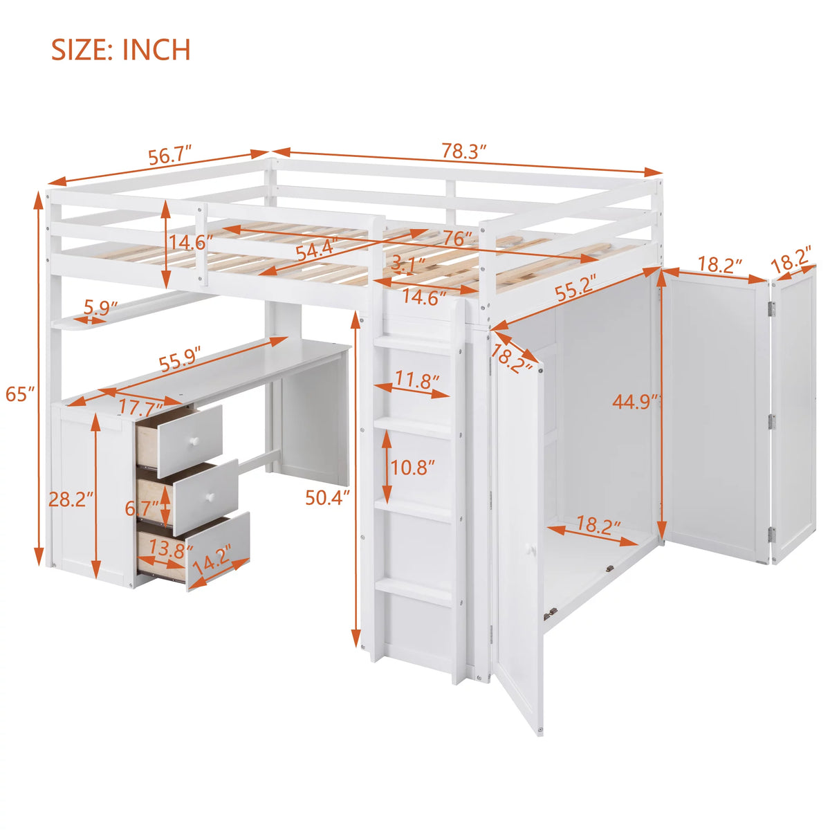 Full Size Wood Loft Bed with Desk and Storage K917312
