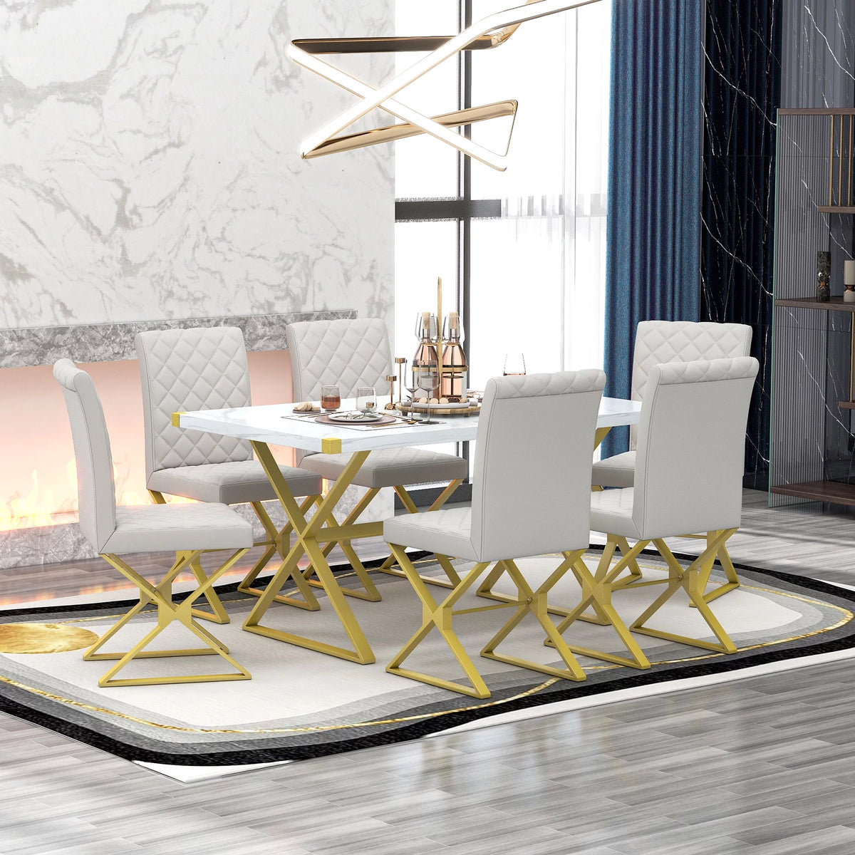 7-Piece Marble Texture Dining Table Set with 6 PU Leather Chairs M9002