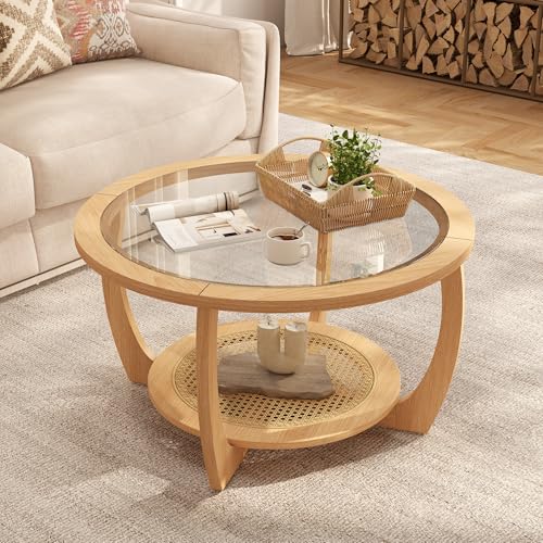 Round Wood Glass Rattan Coffee Table C58588