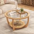 Round Wood Glass Rattan Coffee Table C58588