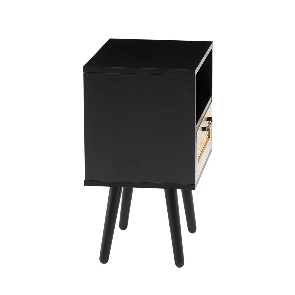 Black Rattan End Table with Drawer and Open Shelf W4007