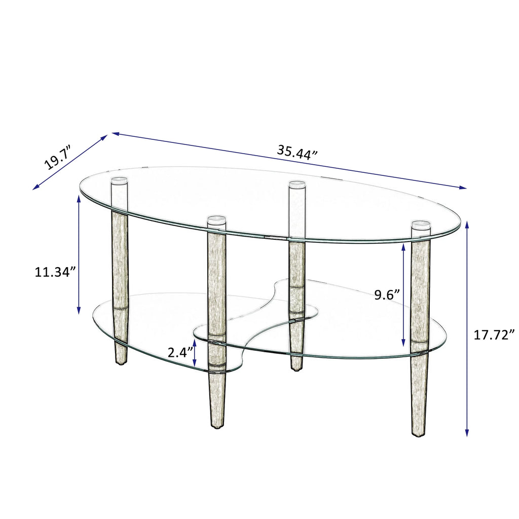 Oval Glass Coffee Table with Oak Wood Legs Z128933