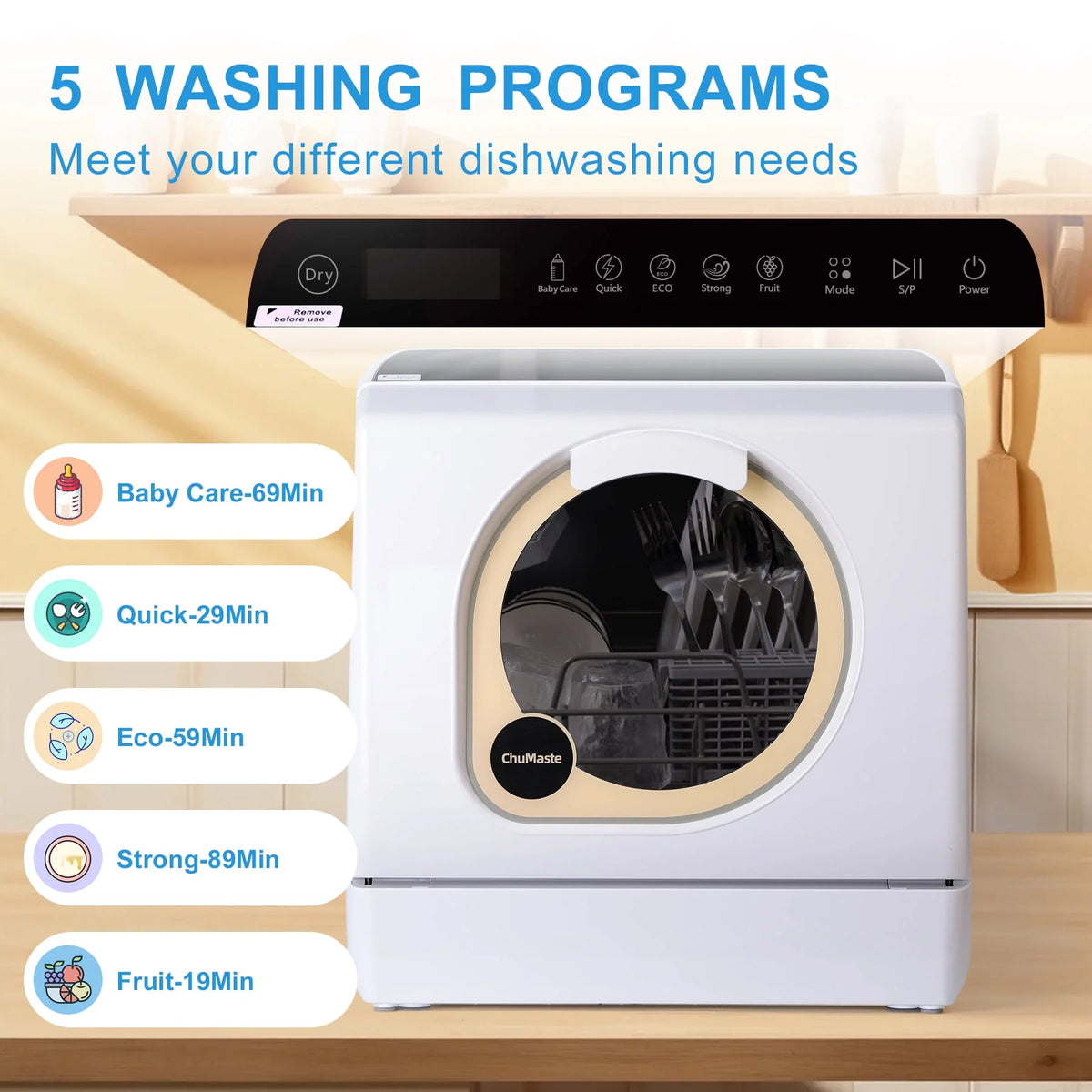 Countertop Dishwasher with Water Tank, 5 Wash Programs, Drying and Double Spray Arms E30456